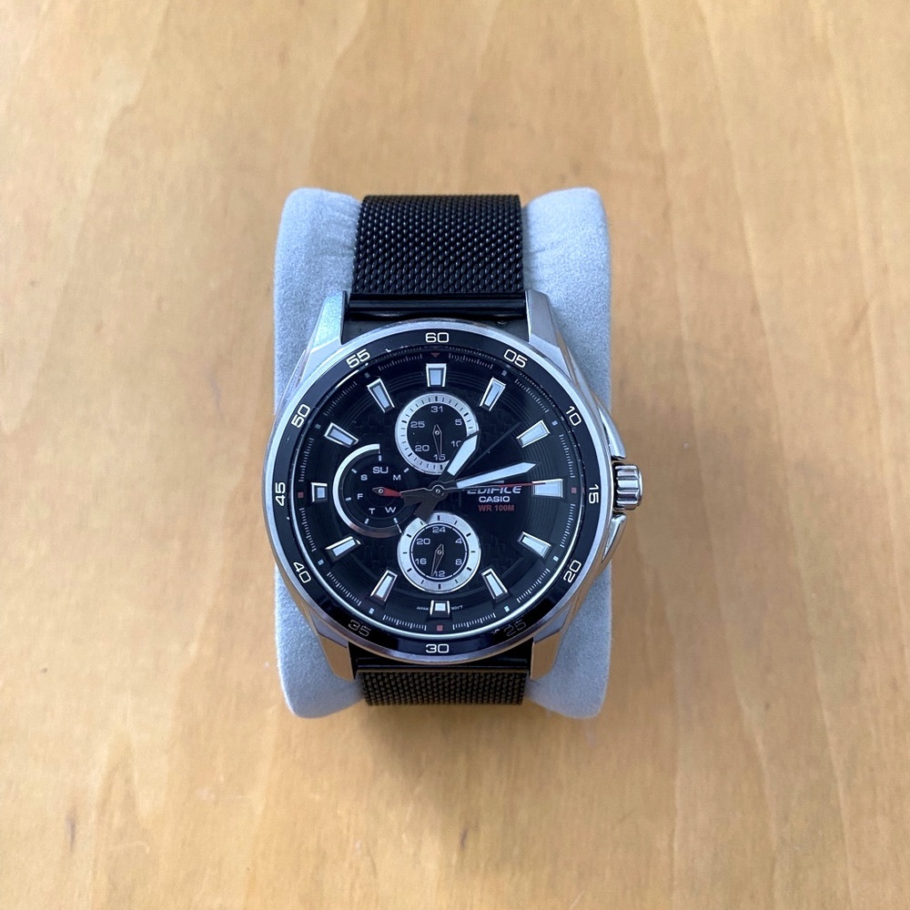 Casio Edifice Watch with black mesh bracelet